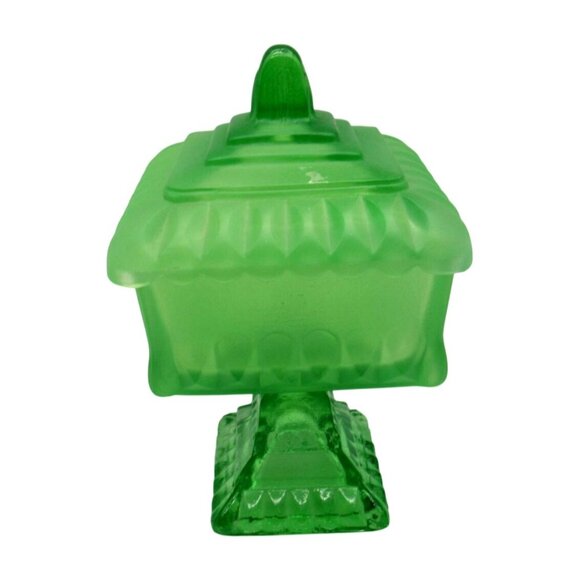 Green Glass Covered Square Pedestal CANDY DISH Vintage - Picture 2 of 10